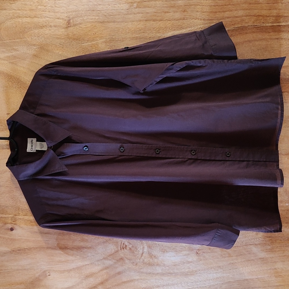 Chico's Semi-Sheer Button Front Blouse Dark Brown Convertible Sleeve Cotton XL16